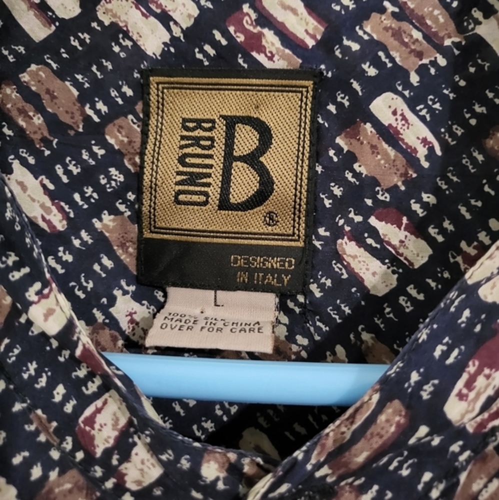 Men's Vintage Bruno Printed 100% Silk Button Up Shirt Short Sleeves - Picture 7 of 7
